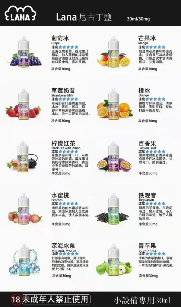 lana煙油詳情頁.webp LANA 拉娜 電子煙油 尼古丁鹽煙油 多層次風味設計 口感順滑細膩 日常搭配電子煙設備使用 玩家風味推薦 台灣現貨