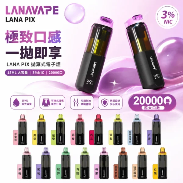 ChatGPT_Image_2026_7_14_13_19_53 LANA PIX 閃光彈 20000口拋棄式電子煙 便攜輕巧機身 獨家可折疊式吸嘴 外出使用推薦 台灣現貨
